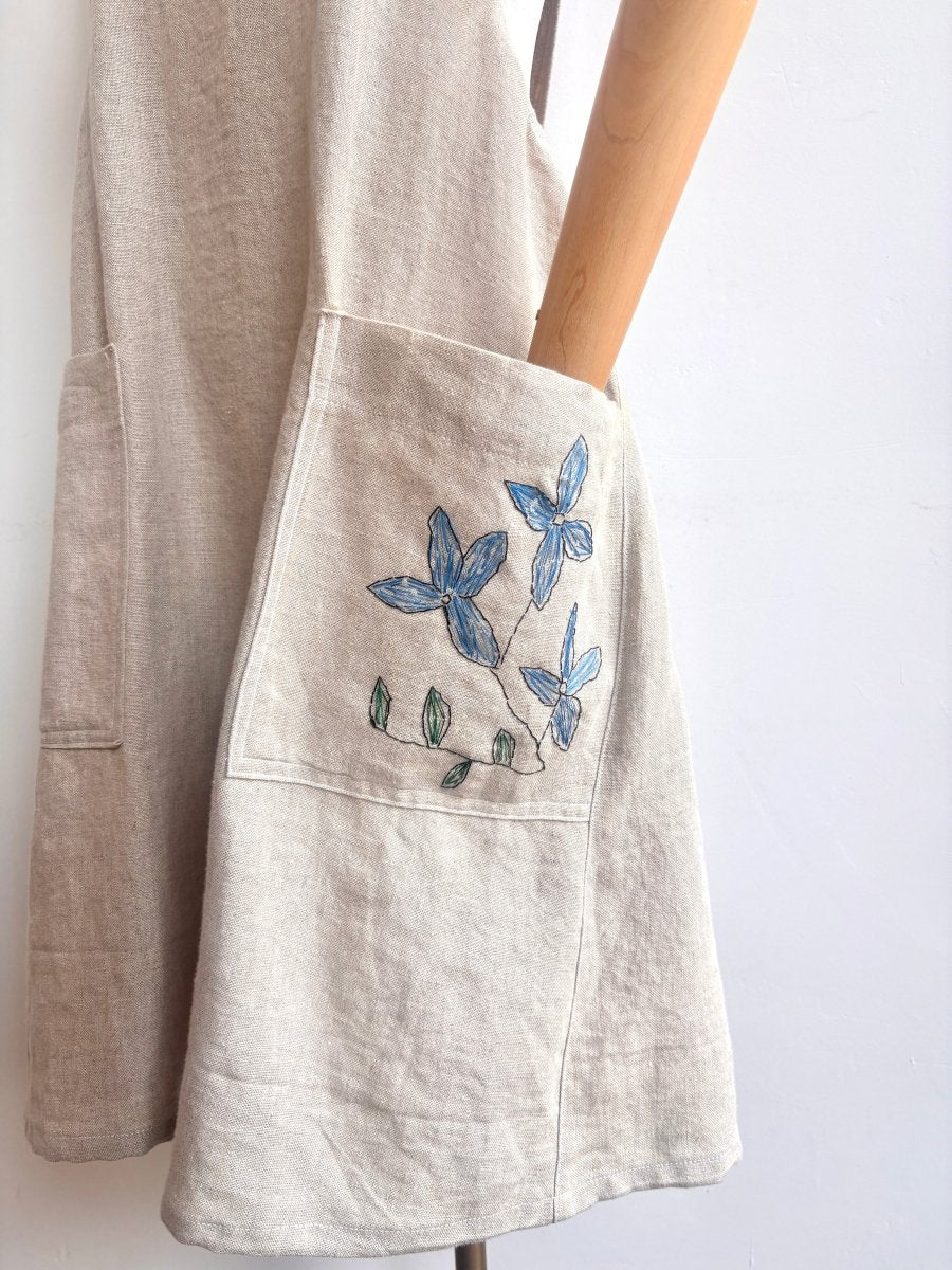 Beige Organic Linen Hand-Embroidered Pinafore Apron w/ Blue
