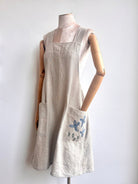 Beige Organic Linen Hand - Embroidered Pinafore Apron w/ Blue & Green Floral - Made X Hudson
