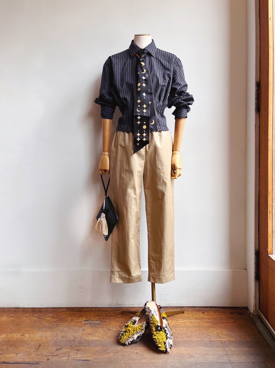 The Kevin Top | Black & Gray Mini Stripe w/ Gathered Waist (Reworked) - Made X Hudson