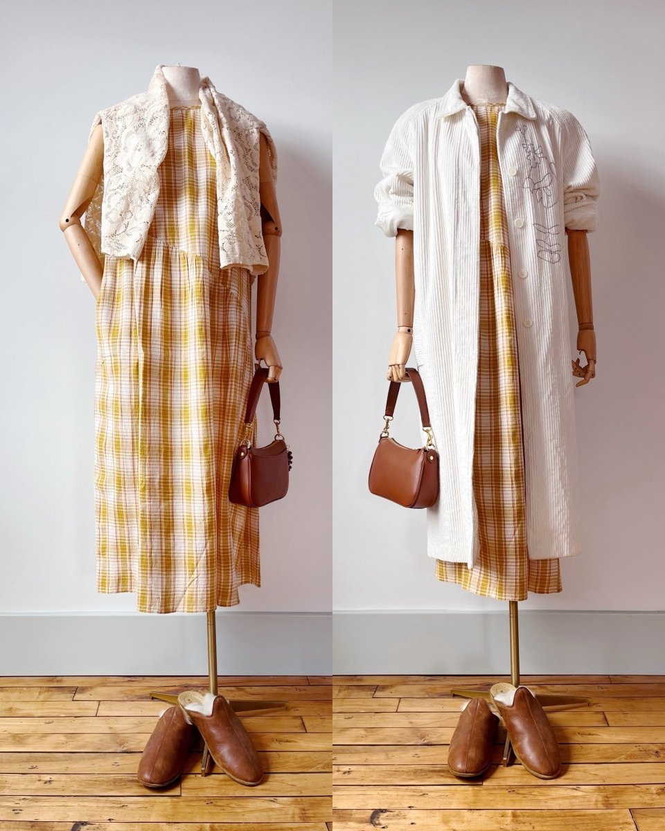 Anan Long Gathered Dress in Mustard, Sand & Turmeric Plaid - Made X Hudson