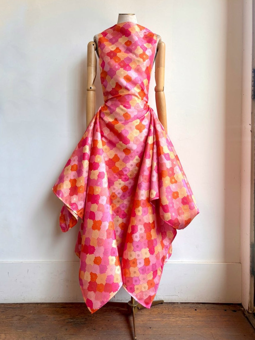 Zero-Waste Dress in Pink, Orange and Gold Metallic Floral Jacquard