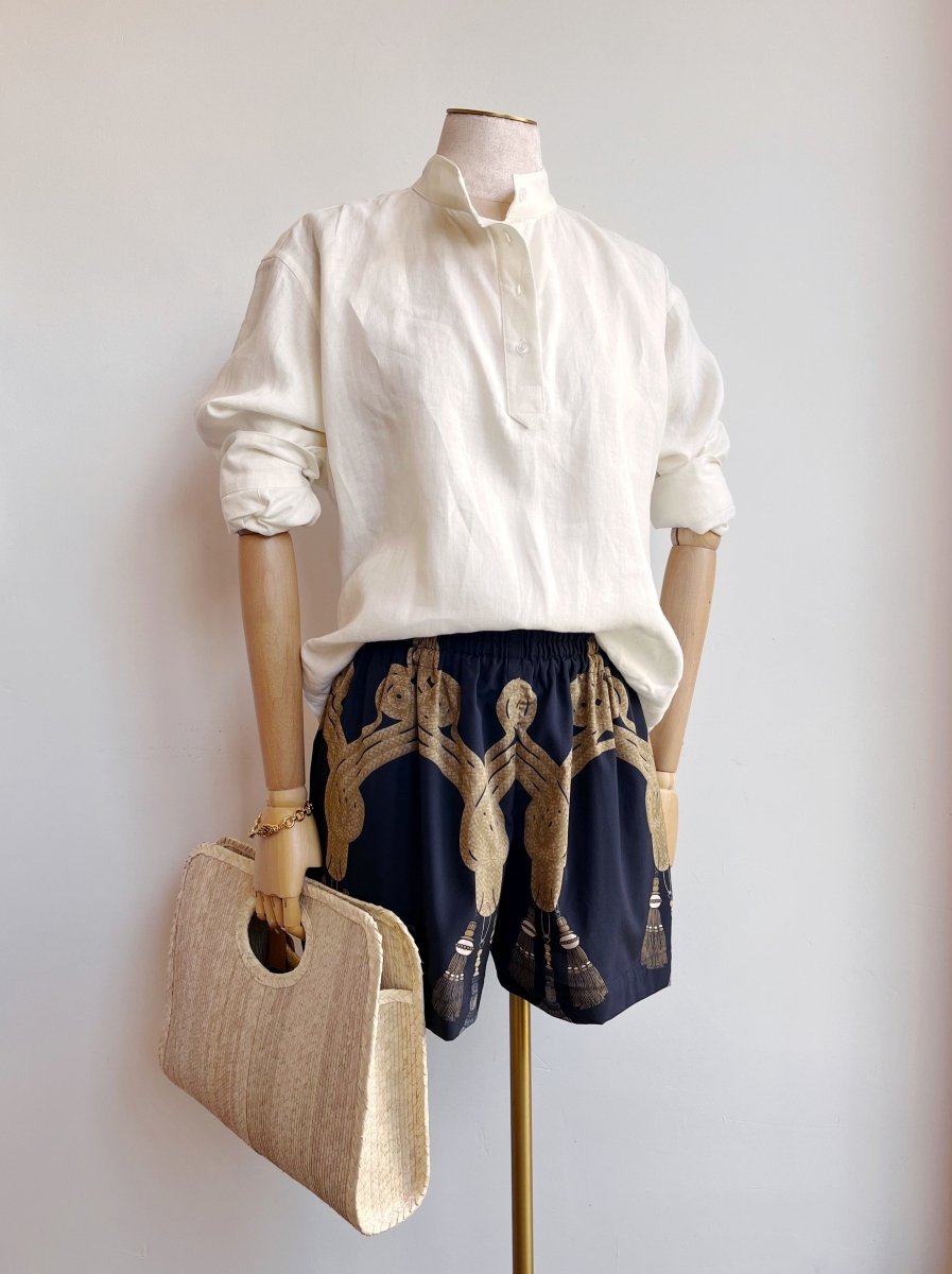 Black Silk Tassel Print Town Shorts - Made X Hudson