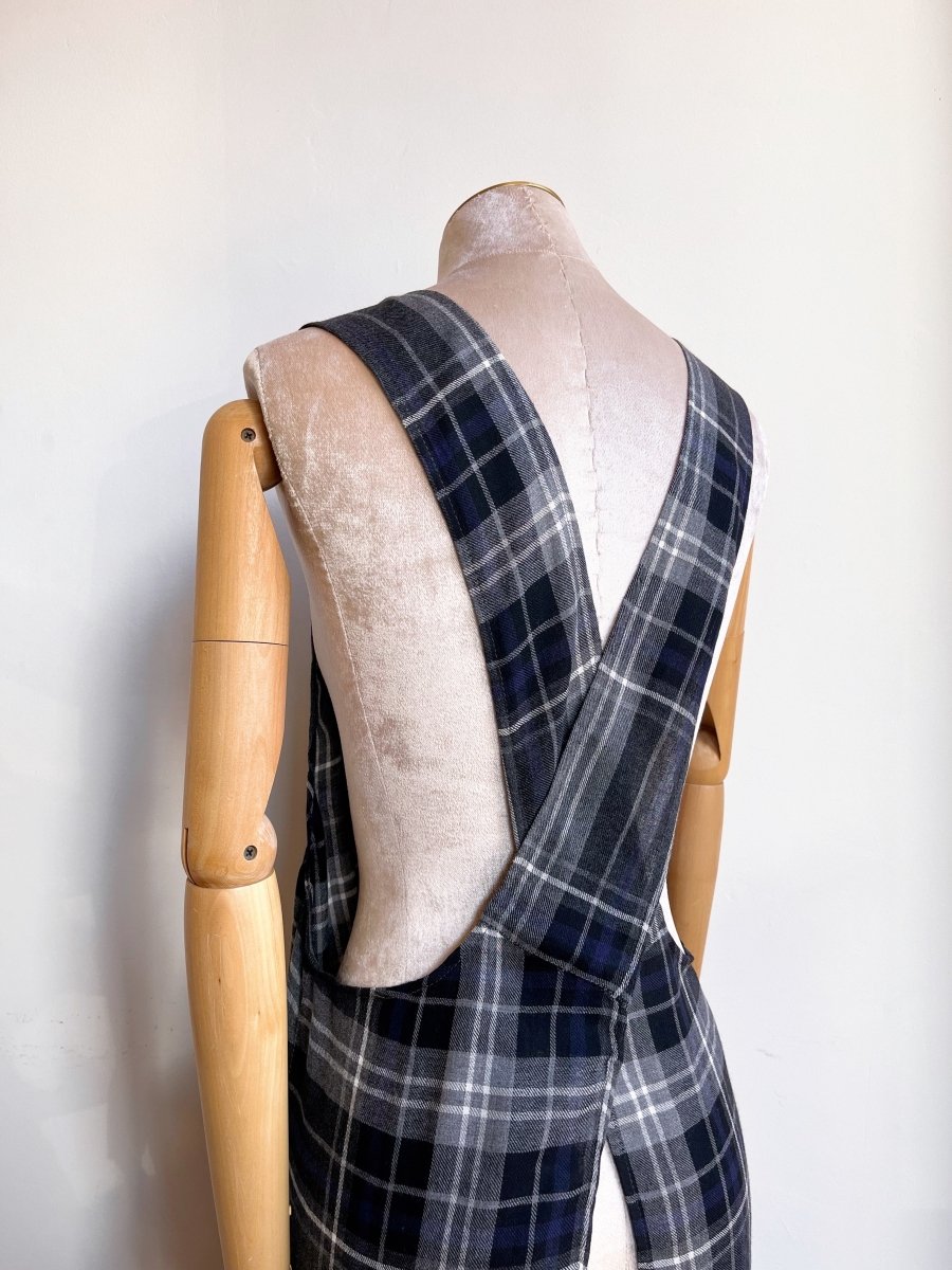 Grey, Black, & Blue Plaid Wool Pinafore Apron w/ Patch Pockets - Made X Hudson
