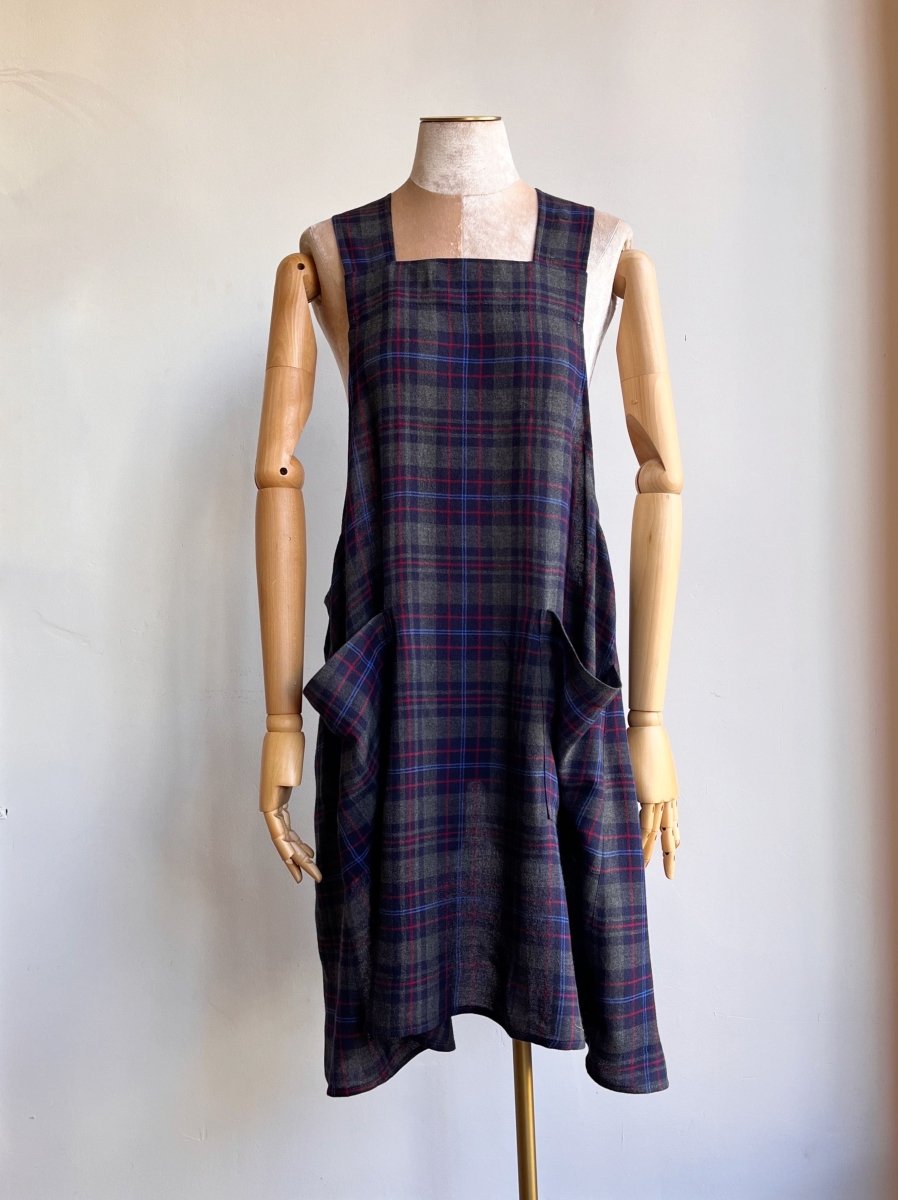 Grey, Red, Blue Plaid Wool Pinafore Apron w/ Patch Pockets - Made X Hudson