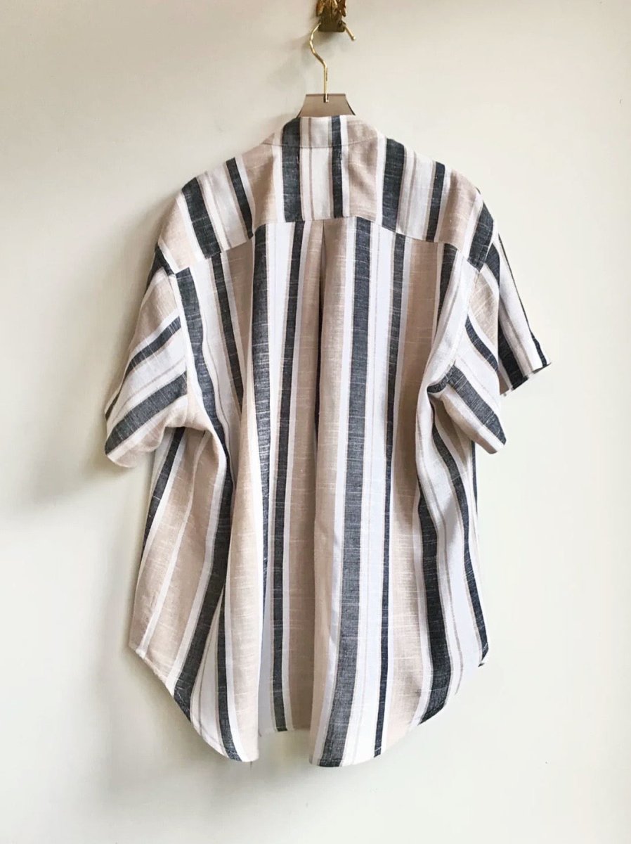 Short Sleeve Popover Shirt in Black, White, & Tan Stripe - Made X Hudson