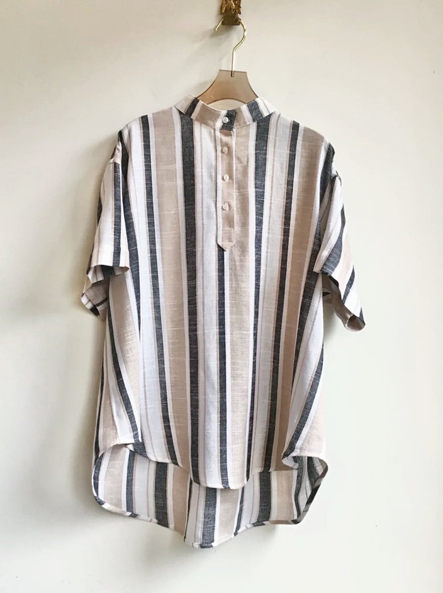 Short Sleeve Popover Shirt in Black, White, & Tan Stripe - Made X Hudson