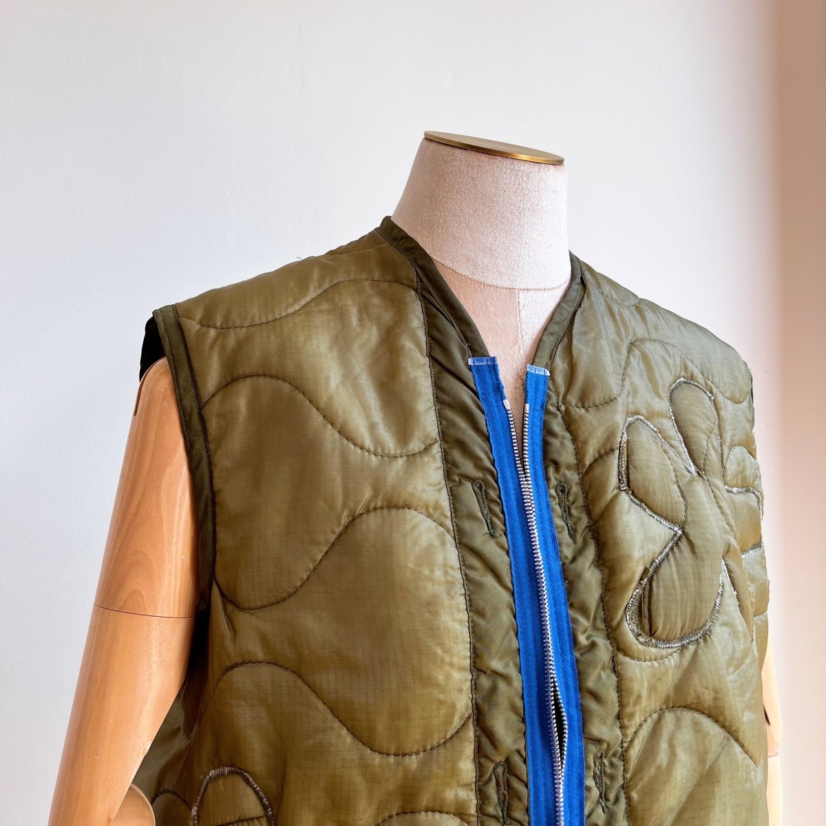 Olive Green Army Liner Quilted Vest w/ Floral Quilting & Blue Zipper (Reworked) - Made X Hudson