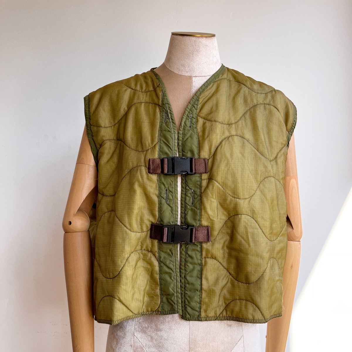Olive Green Army Liner Quilted Vest w/ Black Clasps (Reworked) - Made X Hudson