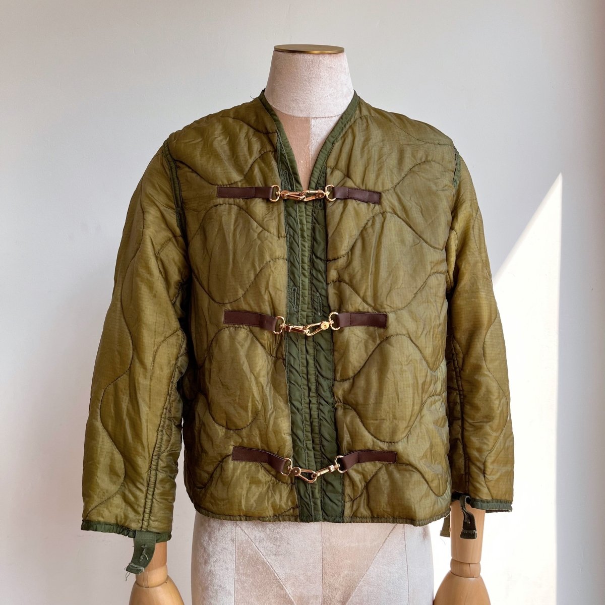 Olive Green Army Liner Quilted Coat w/ Faux Leather & Gold - tone Clasps (Reworked) - Made X Hudson