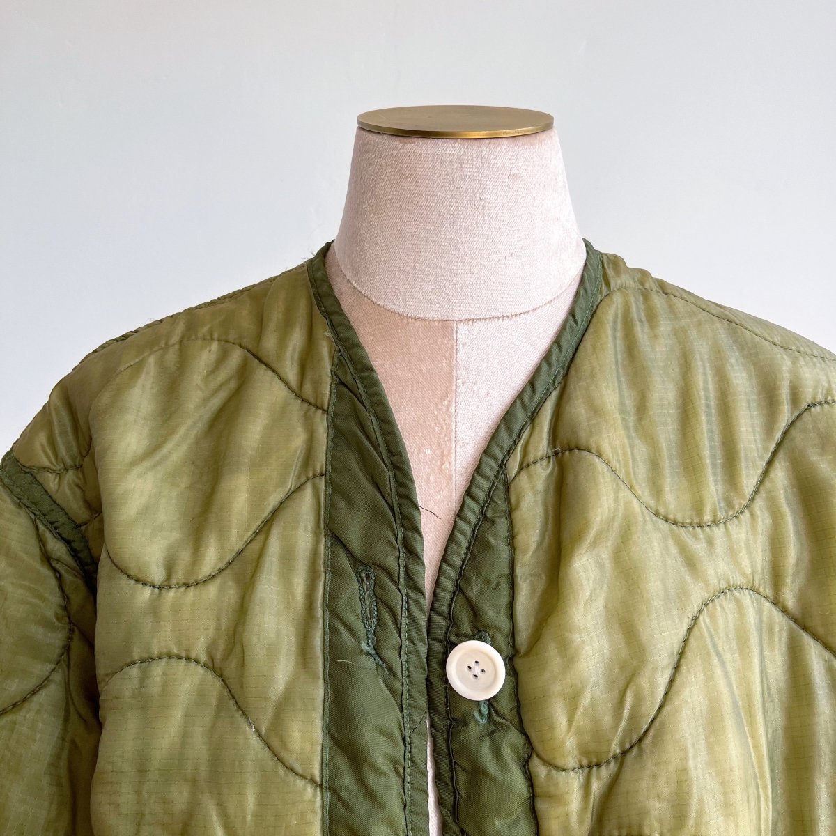 Olive Green Army Liner Quilted Coat w/ Patch Pockets & White Drawstring (Reworked) - Made X Hudson