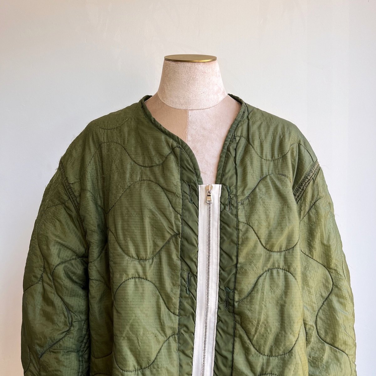 Olive Green Army Liner Quilted Coat w/ Twill Zipper (Reworked) - Made X Hudson