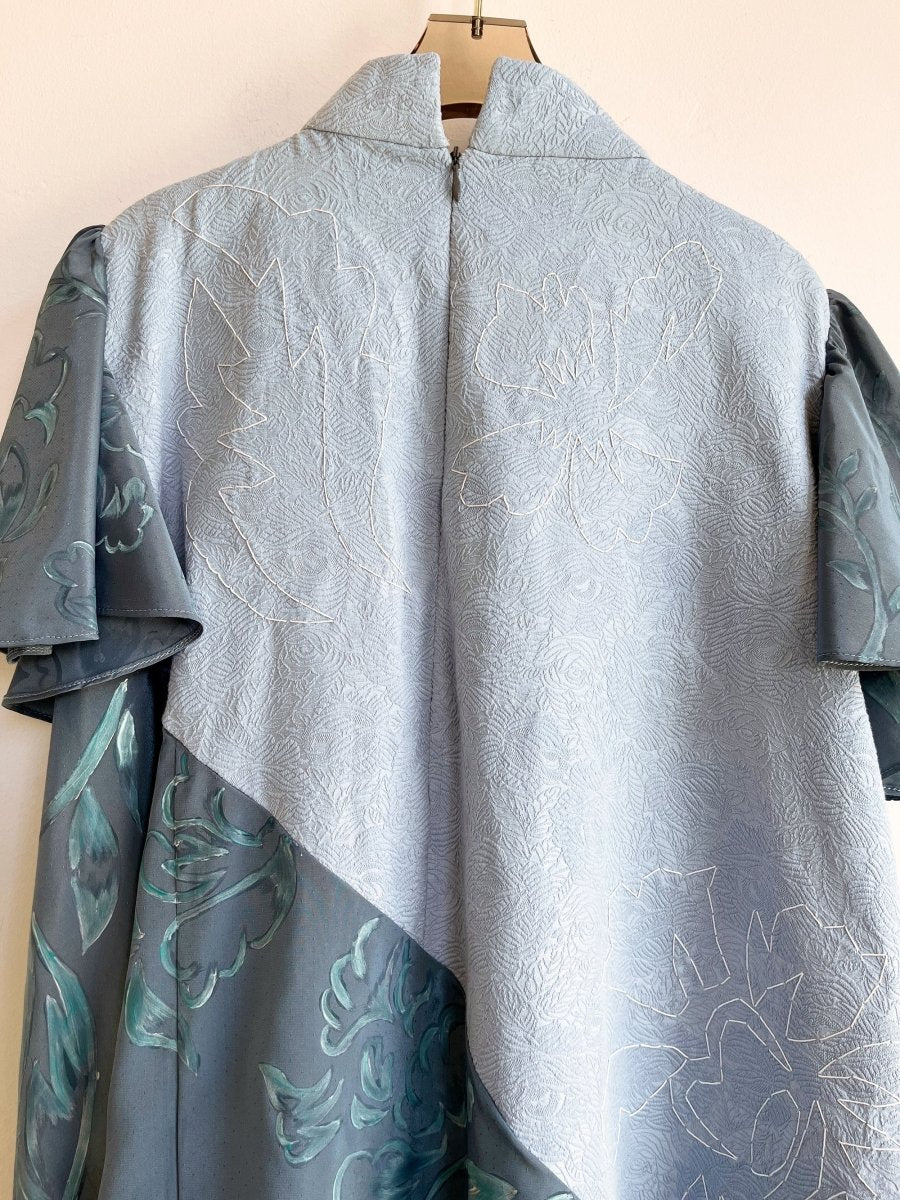 Hand - Painted Strolling Tent Dress w/ Flutter Sleeve & Hand Embroidery (Pale Blue) - Made X Hudson