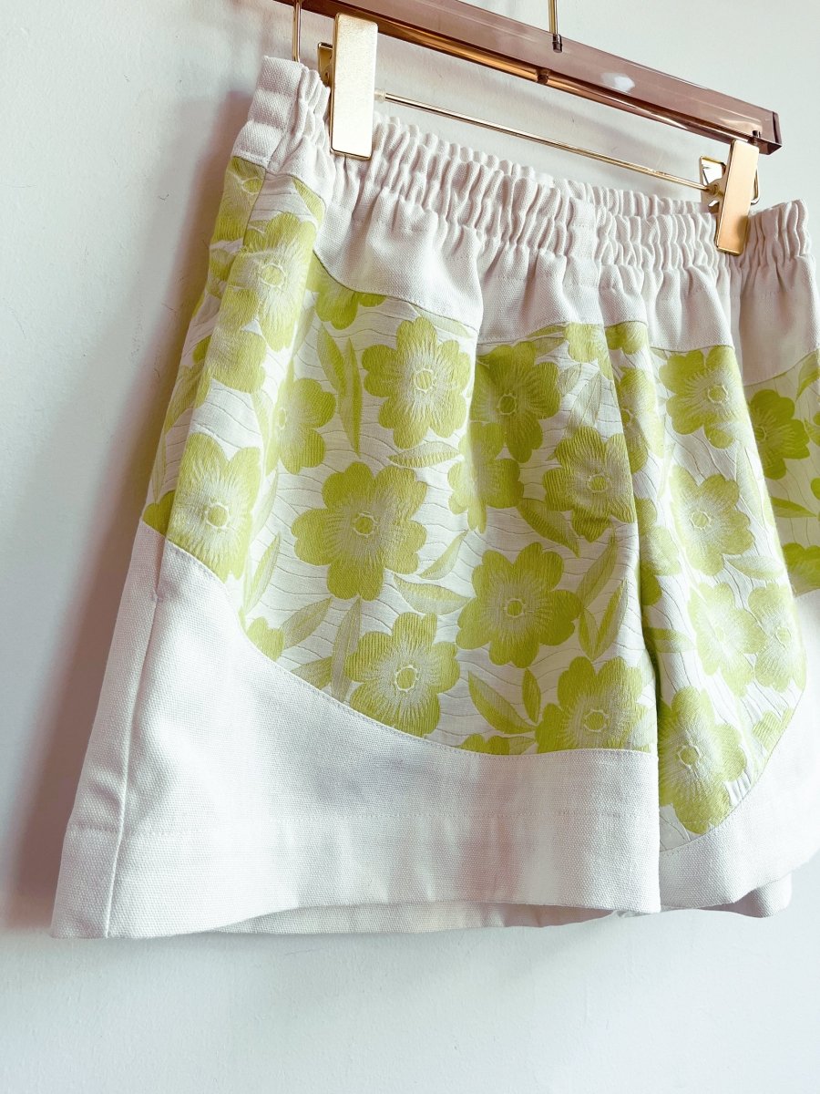 White Cotton Canvas & Lime Flower Print Wave Shorts - Made X Hudson