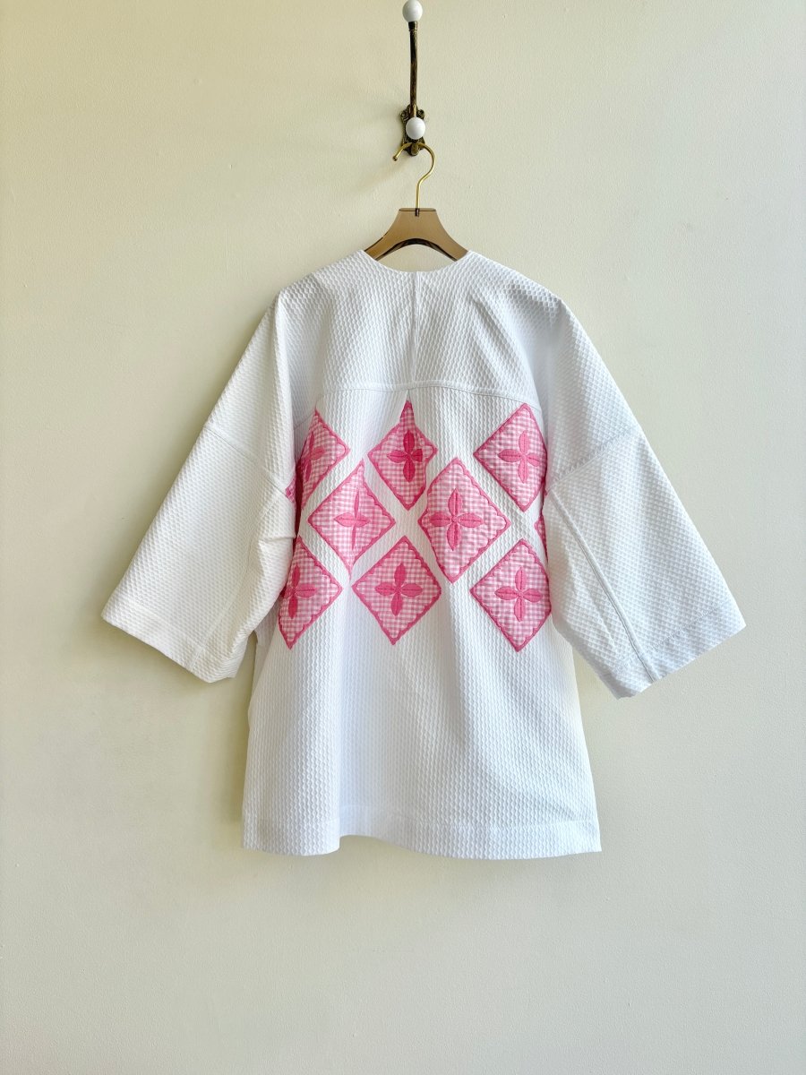 White Textured Chore Jacket w/ Pink Gingham Applique Accent - Made X Hudson