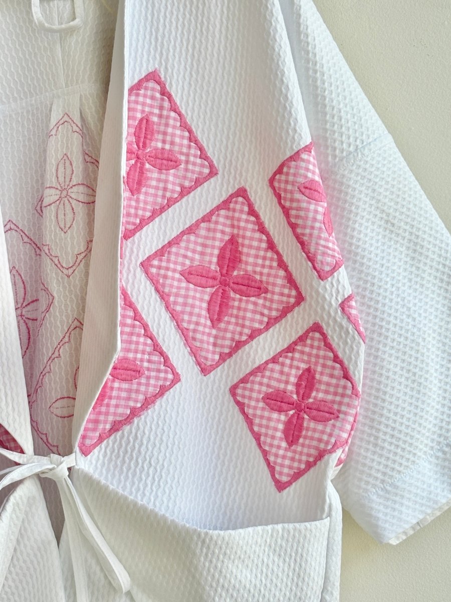 White Textured Chore Jacket w/ Pink Gingham Applique Accent - Made X Hudson