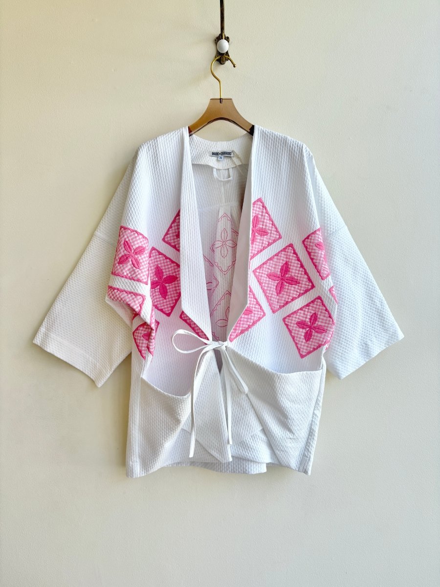 White Textured Chore Jacket w/ Pink Gingham Applique Accent - Made X Hudson