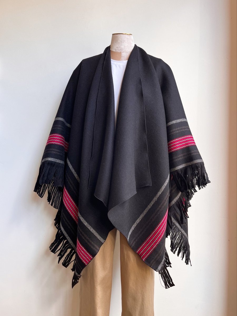 Black Pendleton Wool w/ Red Stripe Zero - Waste Reversible Cape - Made X Hudson