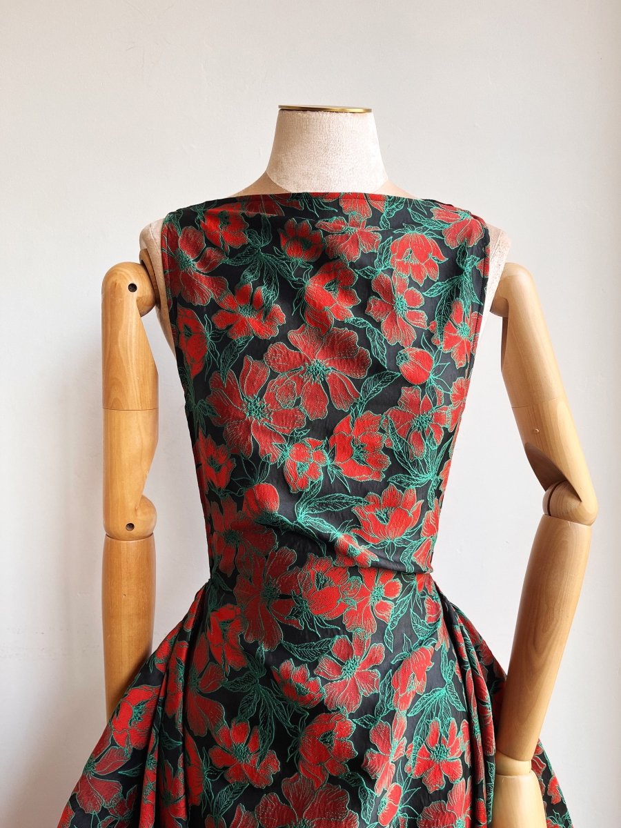 Zero - Waste Dress in Black, Red and Green Brocade Floral - Made X Hudson