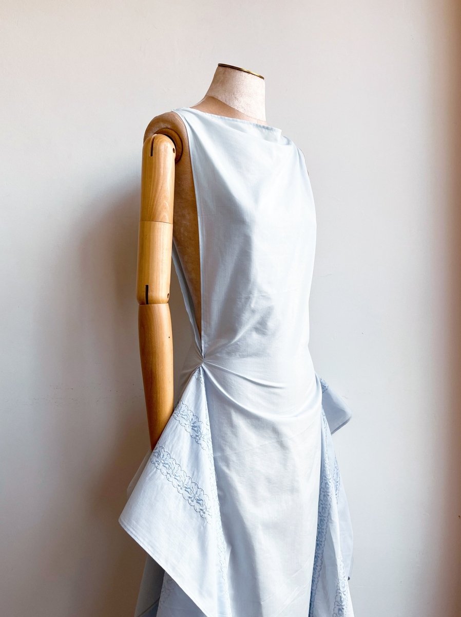 Pale Blue Zero - Waste Dress w/ Floral Embroidery - Made X Hudson
