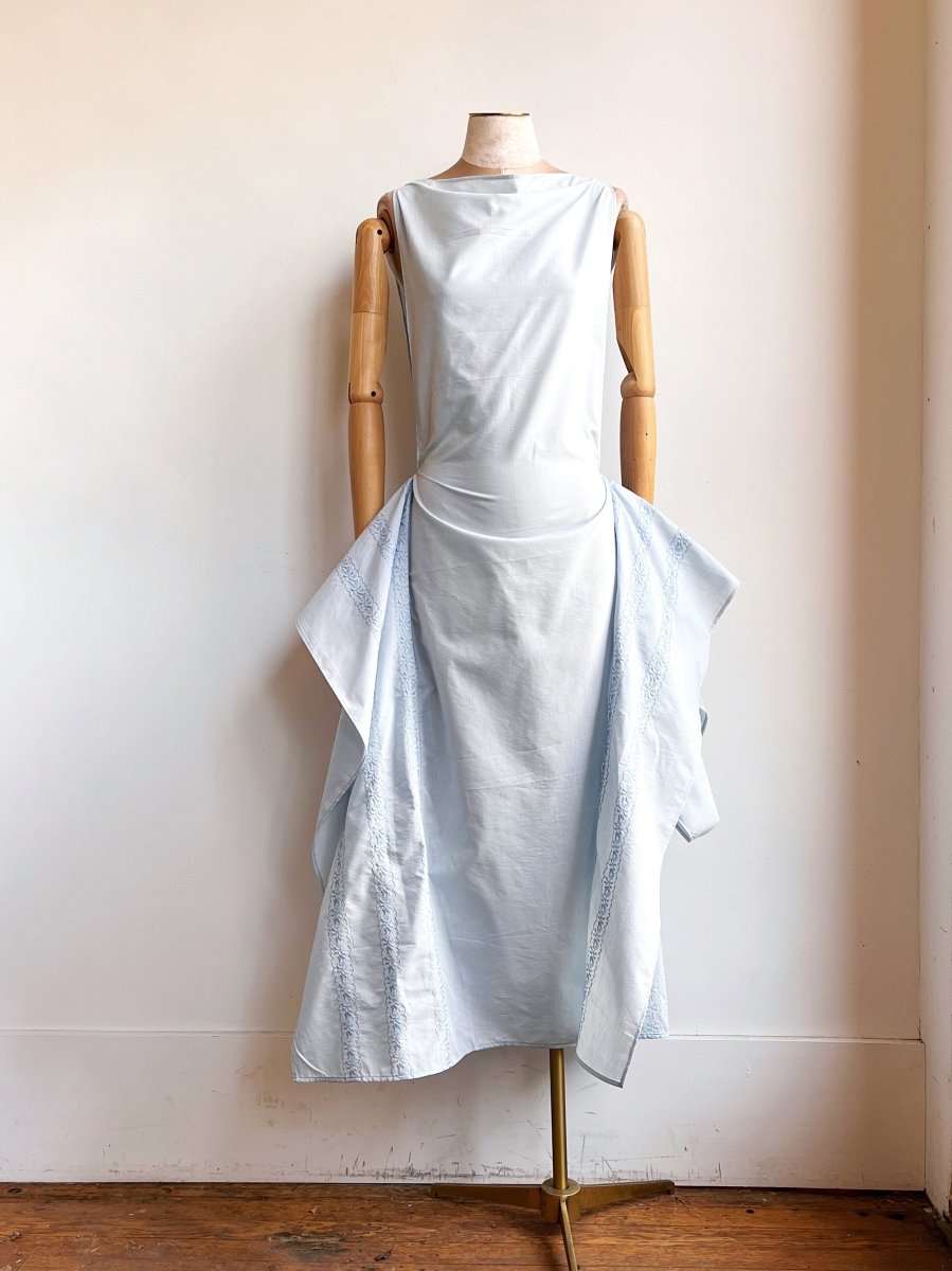 Pale Blue Zero - Waste Dress w/ Floral Embroidery - Made X Hudson
