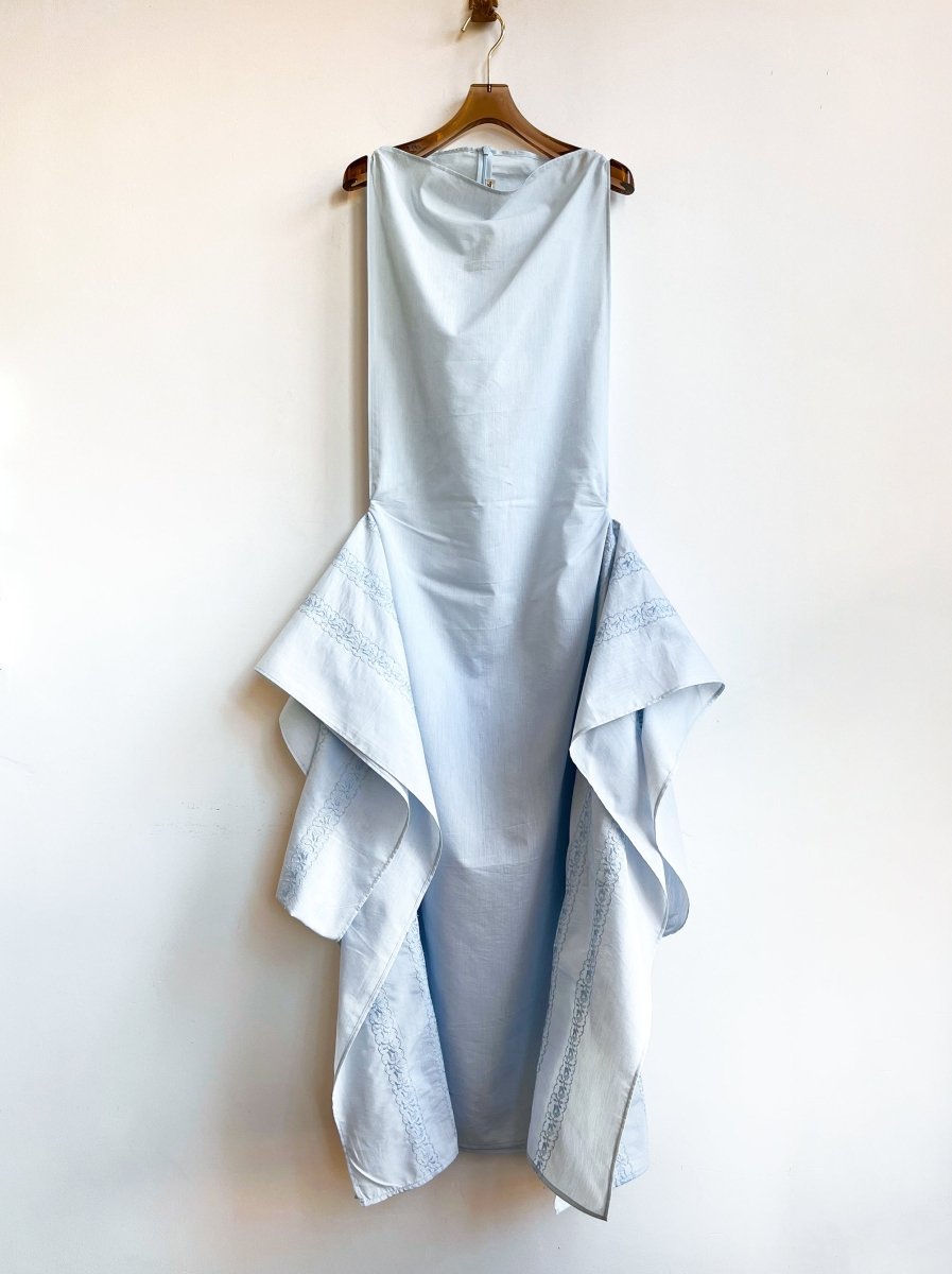 Pale Blue Zero - Waste Dress w/ Floral Embroidery - Made X Hudson