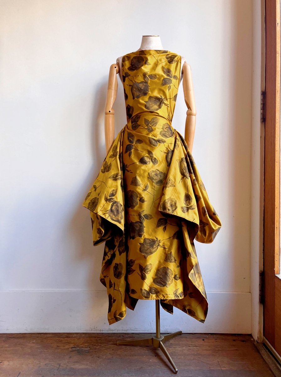 Zero - Waste Dress in Honey Gold and Black Rose Jacquard - Made X Hudson