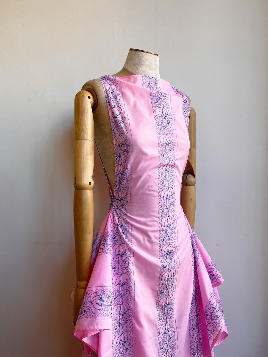 Zero - Waste Dress in Pink w/ Blue Embroidered Floral Motif - Made X Hudson