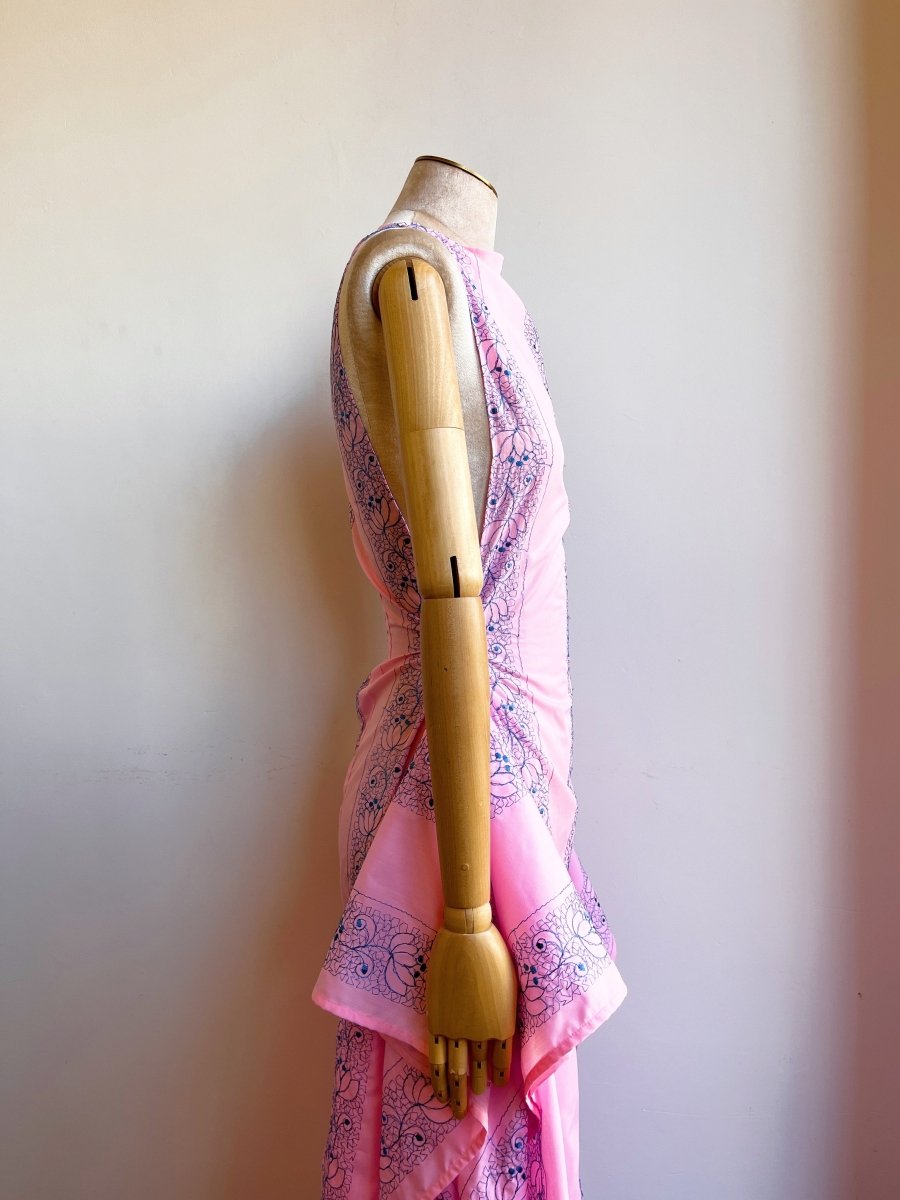 Zero - Waste Dress in Pink w/ Blue Embroidered Floral Motif - Made X Hudson