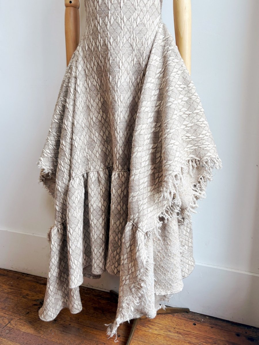 Zero Waste Ruffle Dress in Cream Textured Diamond Weave Print - Made X Hudson